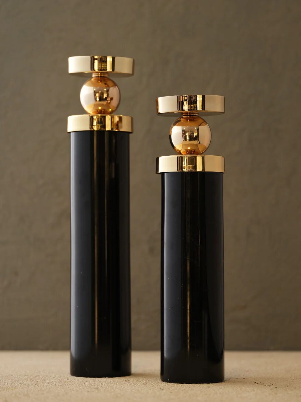 Mermer Silindir Şamdan Siyah / Gold - 22x8cm