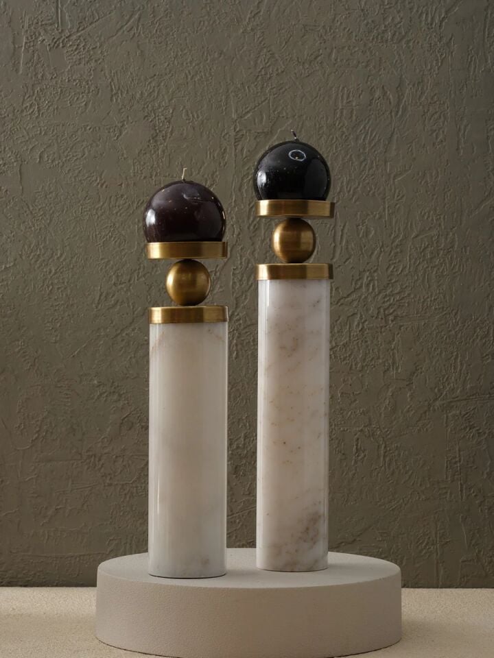 Mermer Silindir Şamdan Beyaz / Gold - 31x8cm