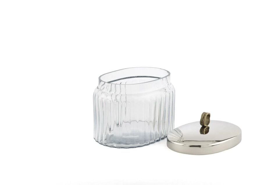 Gümüş Metal Kapaklı Oval Cam Kavanoz Gümüş - 16x12x15cm