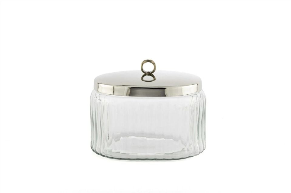 Gümüş Metal Kapaklı Oval Cam Kavanoz Gümüş - 19x13x16cm