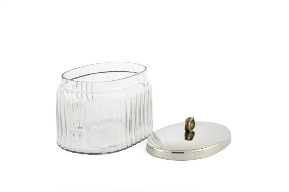 Gümüş Metal Kapaklı Oval Cam Kavanoz Gümüş - 19x13x16cm