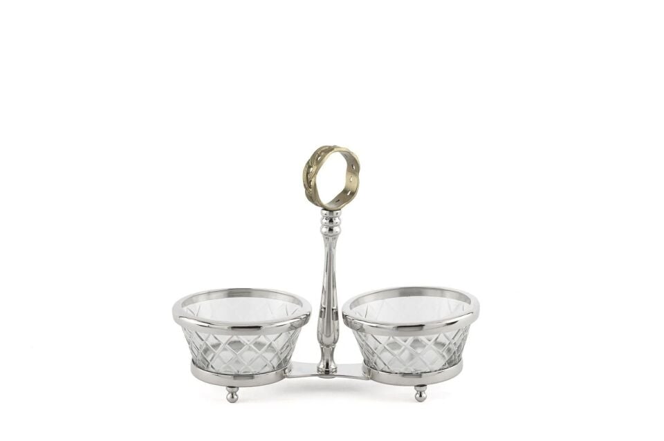 Gümüş Metalli 2 Bölmeli Cam Çerezlik 22x10x18cm