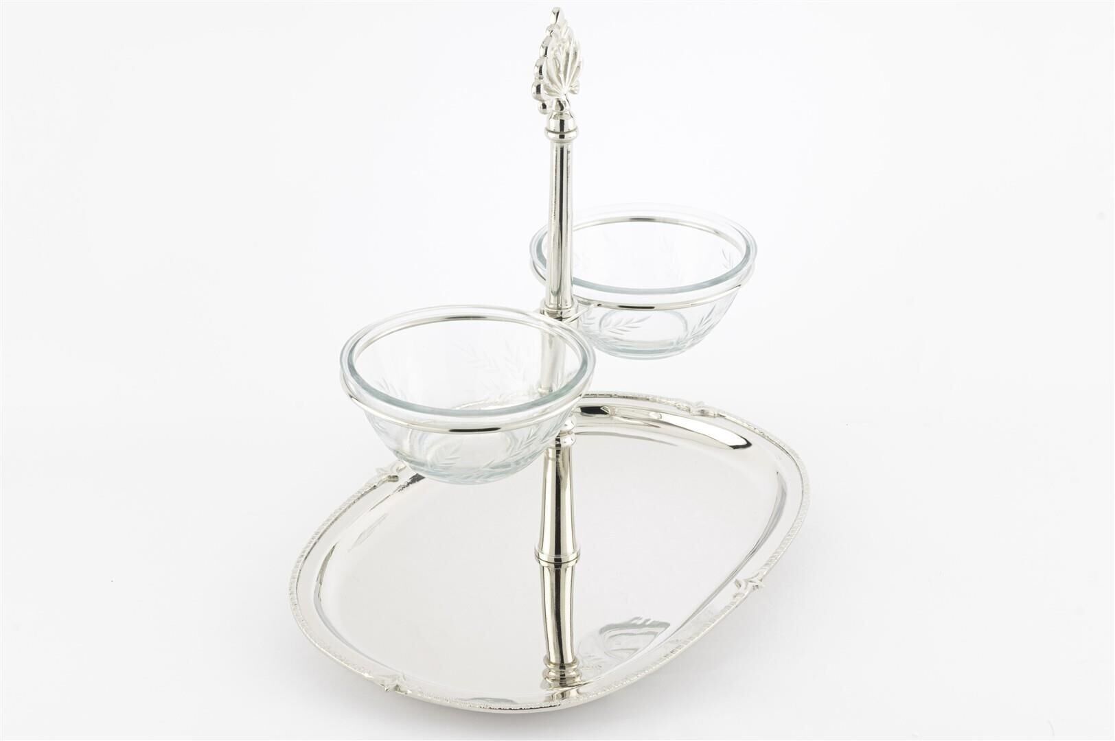 Gümüş 2'li Cam Dip Soslu Oval Sunumluk 35x25x33cm