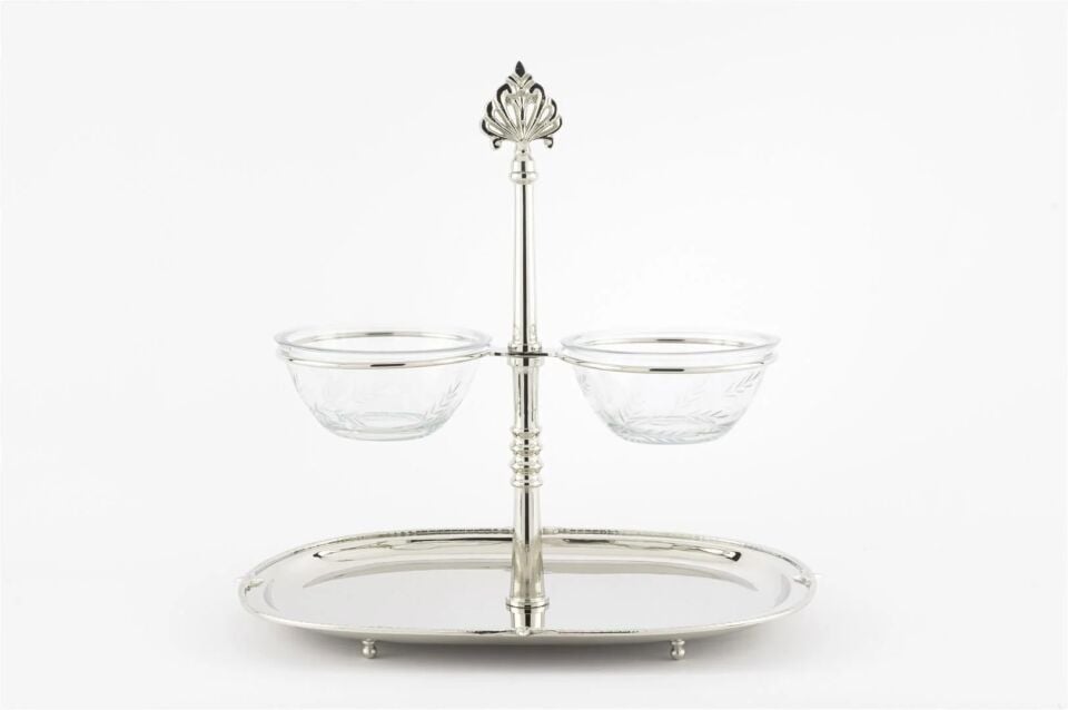 Gümüş 2'li Cam Dip Soslu Oval Sunumluk 35x25x33cm