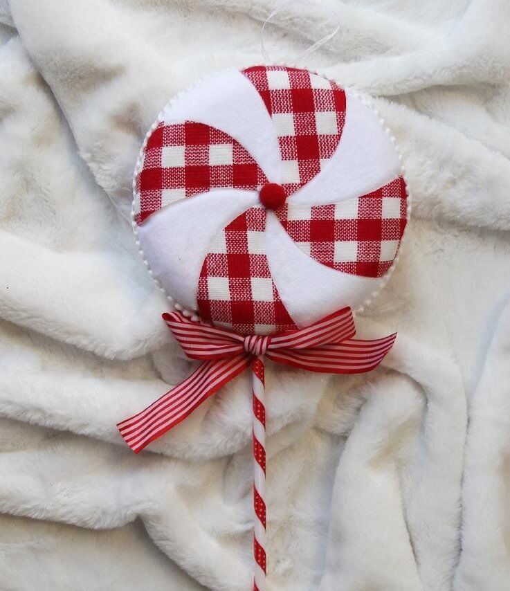 Yılbaşı Süsü Ekoseli Lolipop Şeker Kırmızı Beyaz 50 cm
