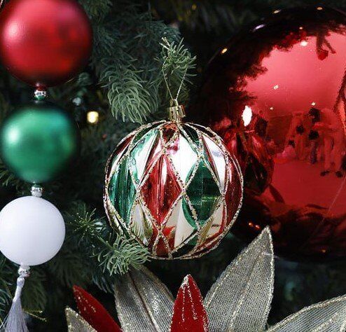 Yılbaşı Süsü Karo Desenli Parlak 2'li Top Yeşil Kırmızı 10 cm
