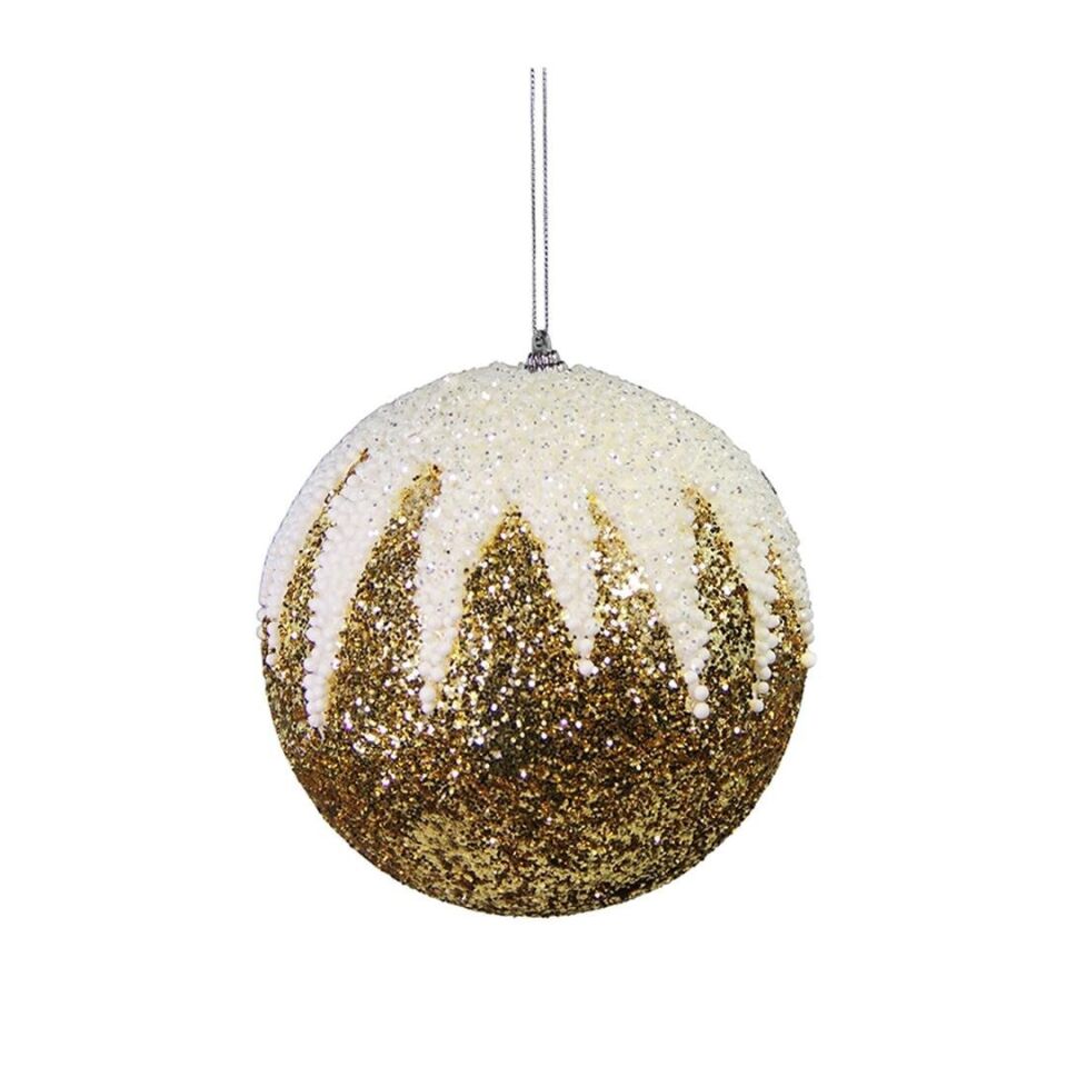 Yılbaşı Süsü Beyaz Zikzak Desenli Top Altın 15 cm