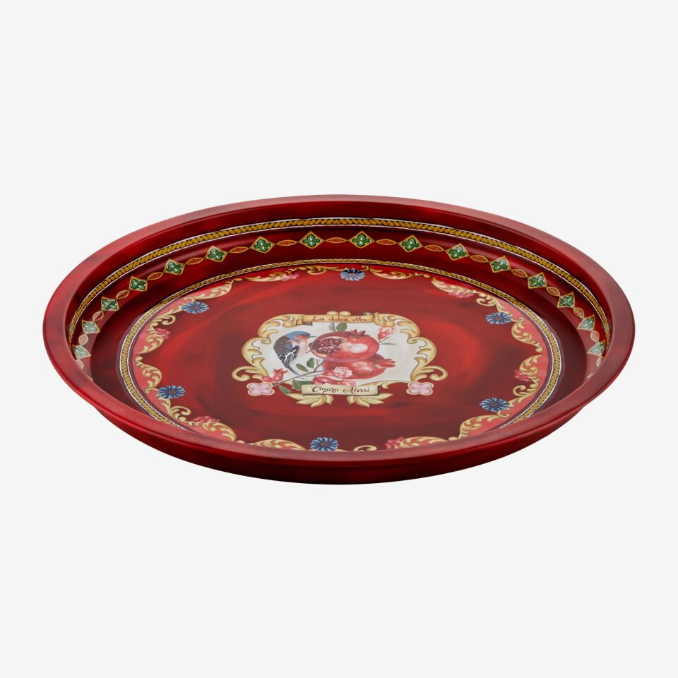 Metal Yuvarlak Servis Tepsisi 34 cm Kırmızı