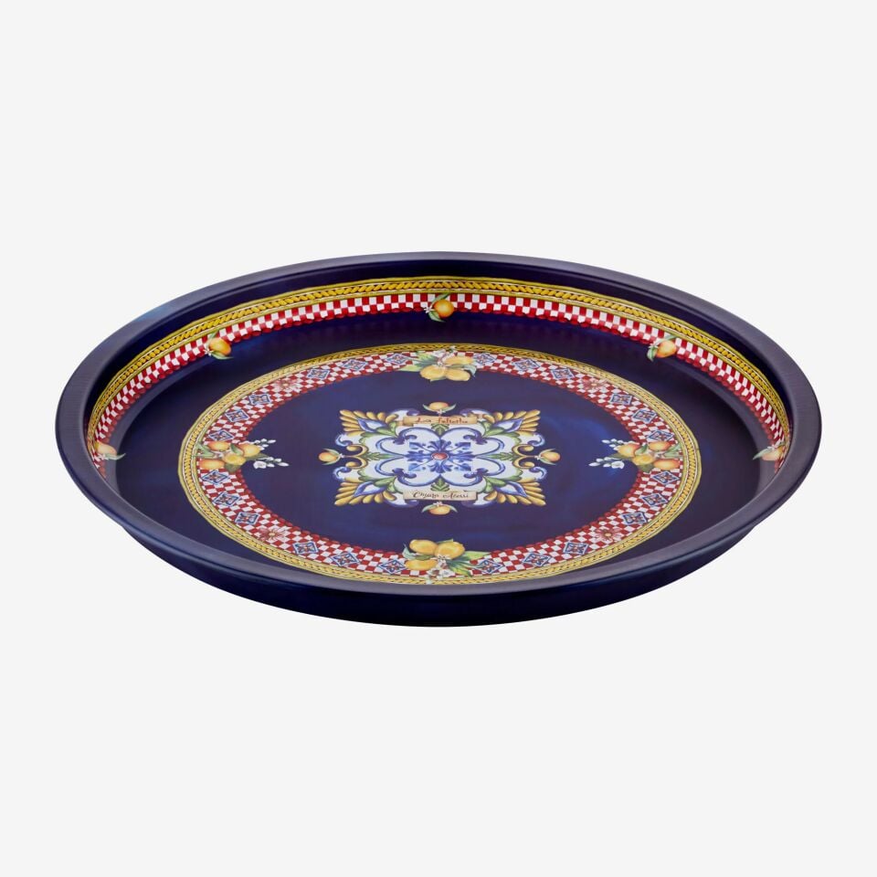 Metal Yuvarlak Servis Tepsisi 34 cm Mavi
