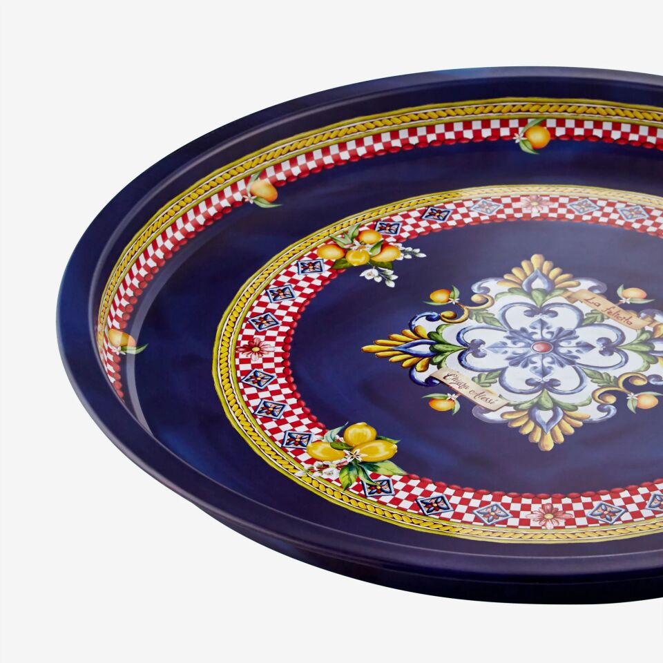 Metal Yuvarlak Servis Tepsisi 34 cm Mavi