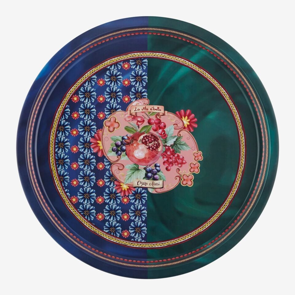 Metal Yuvarlak Servis Tepsisi 34 cm Mavi-Yeşil