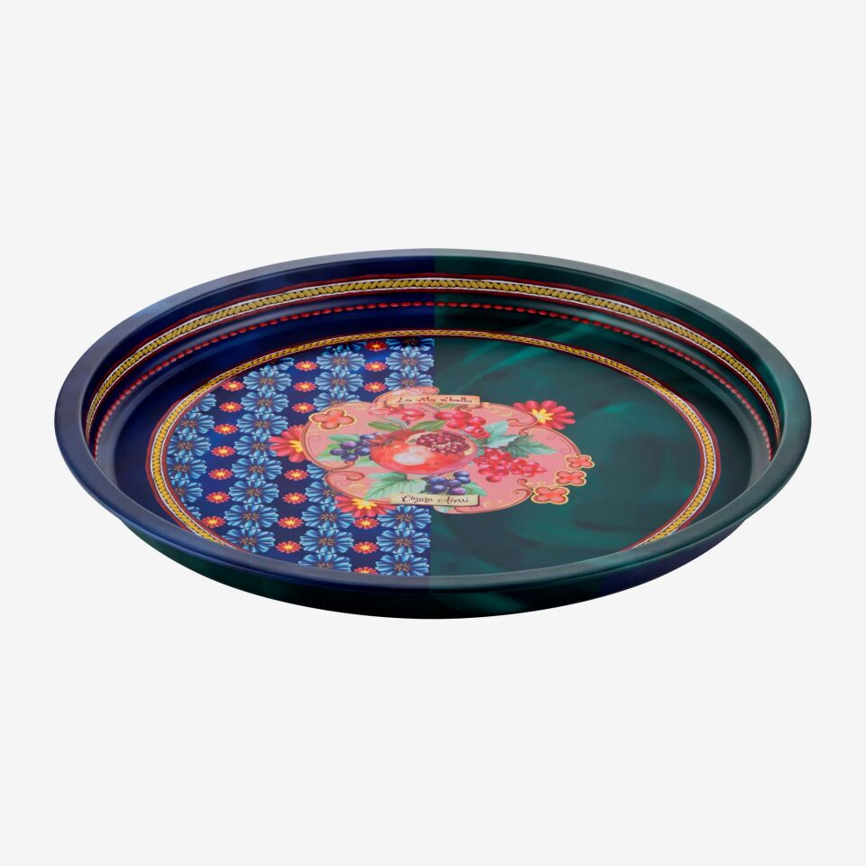 Metal Yuvarlak Servis Tepsisi 34 cm Mavi-Yeşil