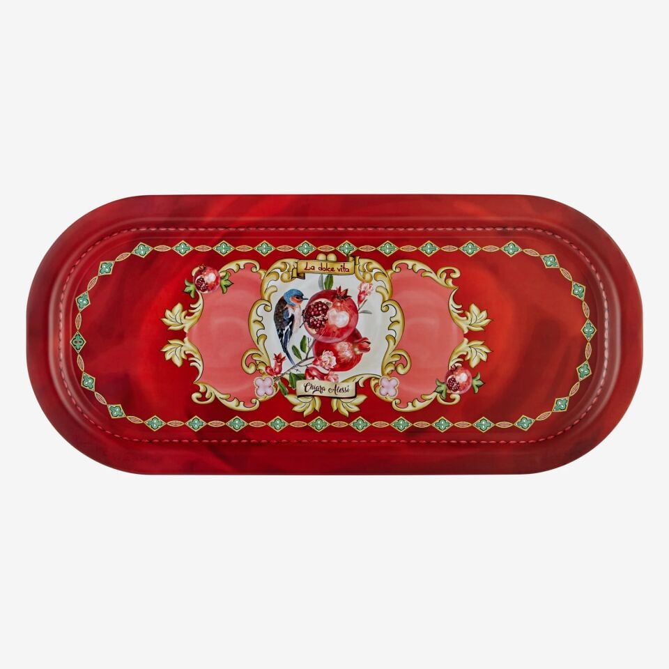 Metal Oval Kahve Sunum Tepsisi 37 cm Kırmızı