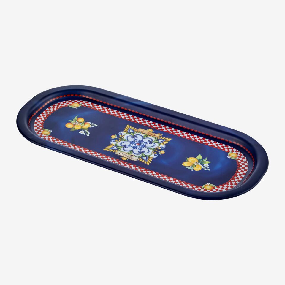 Metal Oval Kahve Sunum Tepsisi 37 cm Mavi