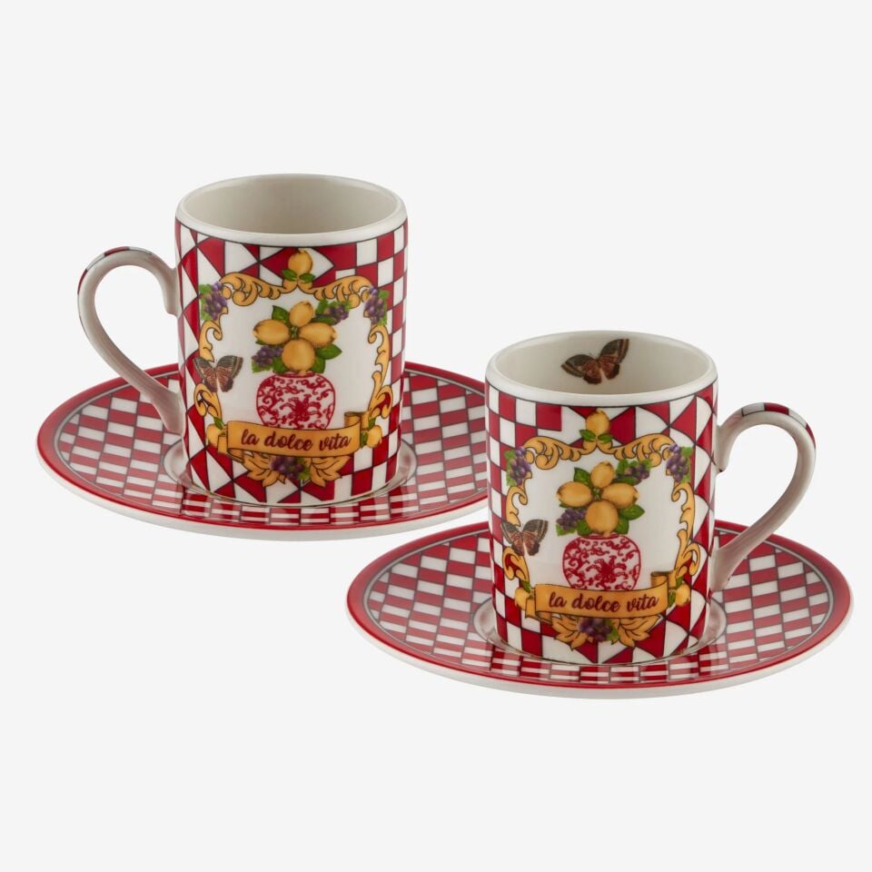 Capri Damalı Türk Kahvesi Fincanı Seti 2'li Kırmızı
