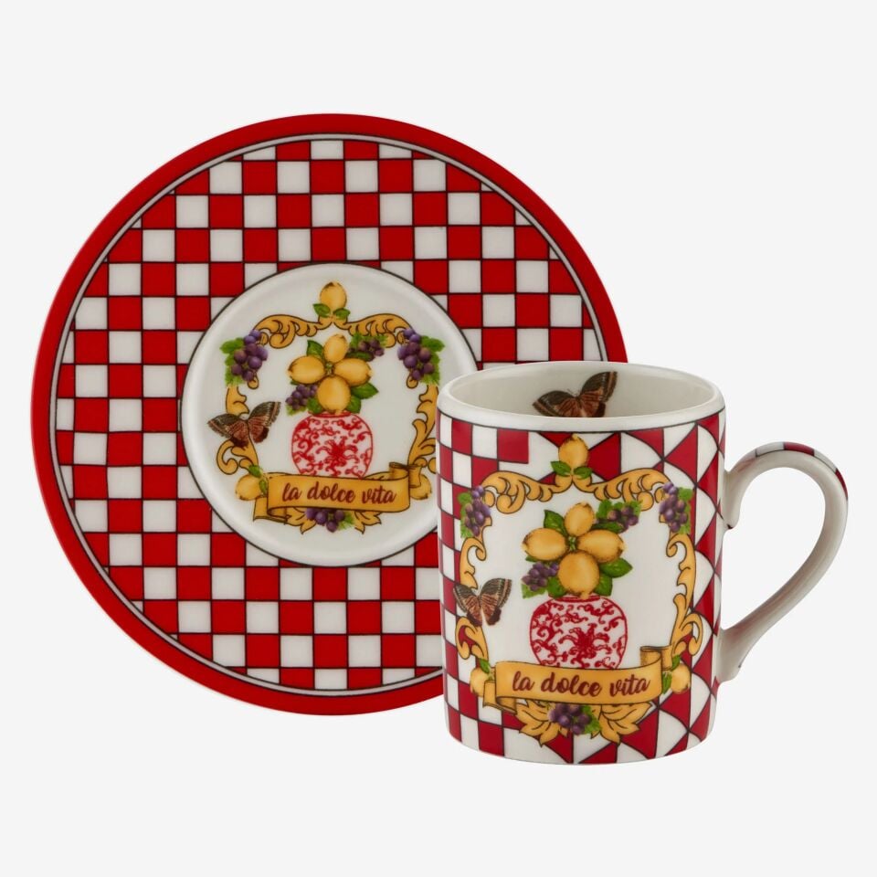 Capri Damalı Türk Kahvesi Fincanı Seti 2'li Kırmızı