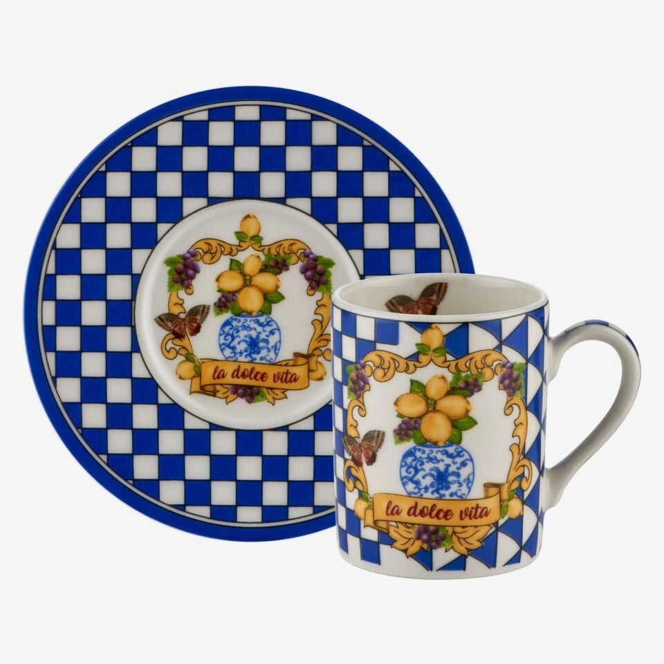 Capri Damalı Türk Kahvesi Fincanı Seti 2'li Mavi