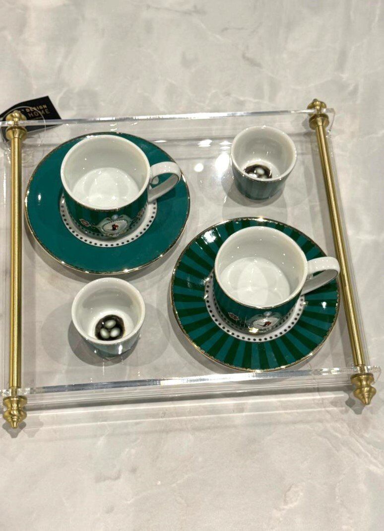 Pirinç Kulplu Pleksi Detay Tepsi Sivri Kulp Gold - 26x21cm