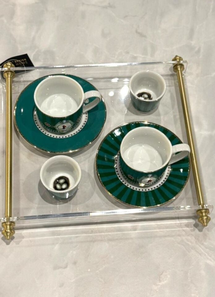 Pirinç Kulplu Pleksi Detay Tepsi Sivri Kulp Gold - 26x21cm