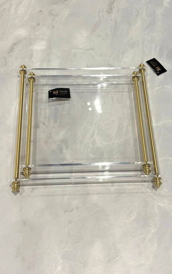 Pirinç Kulplu Pleksi Detay Tepsi Sivri Kulp Gold - 26x21cm