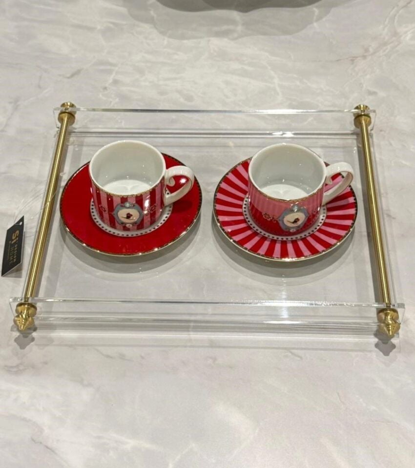 Pirinç Kulplu Pleksi Detay Tepsi Sivri Kulp Gold - 30x21cm