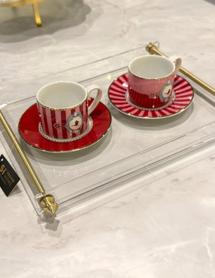 Pirinç Kulplu Pleksi Detay Tepsi Sivri Kulp Gold - 30x21cm