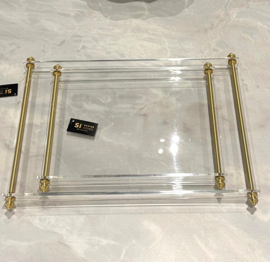 Pirinç Kulplu Pleksi Detay Tepsi Sivri Kulp Gold - 30x21cm