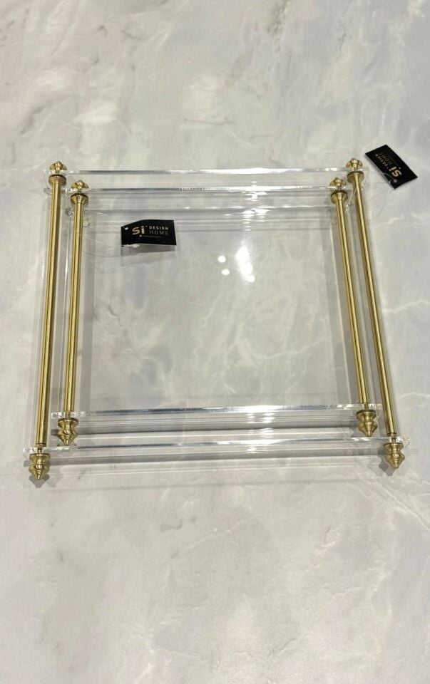 Pirinç Kulplu Pleksi Detay Tepsi Sivri Kulp Gold - 35x26cm