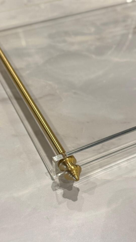 Pirinç Kulplu Pleksi Detay Tepsi Sivri Kulp Gold - 35x26cm