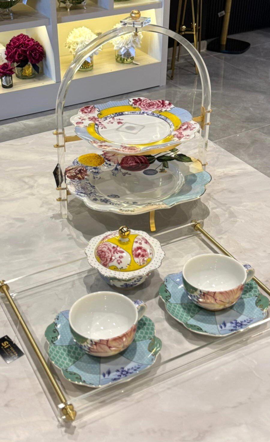 Pirinç Kulplu Pleksi Detay Tepsi Sivri Kulp Gold - 40x26cm