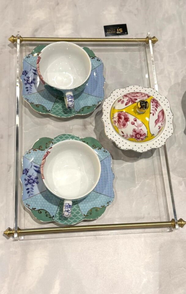 Pirinç Kulplu Pleksi Detay Tepsi Sivri Kulp Gold - 40x26cm