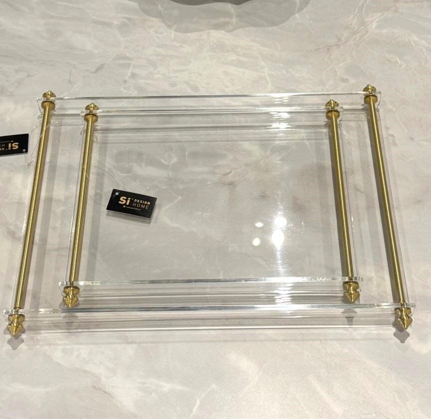 Pirinç Kulplu Pleksi Detay Tepsi Sivri Kulp Gold - 40x26cm