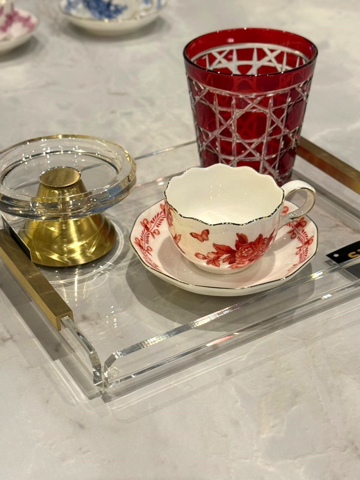 Pirinç Kulplu Pleksi Detay Tepsi U Kulp Gold - 23x18cm