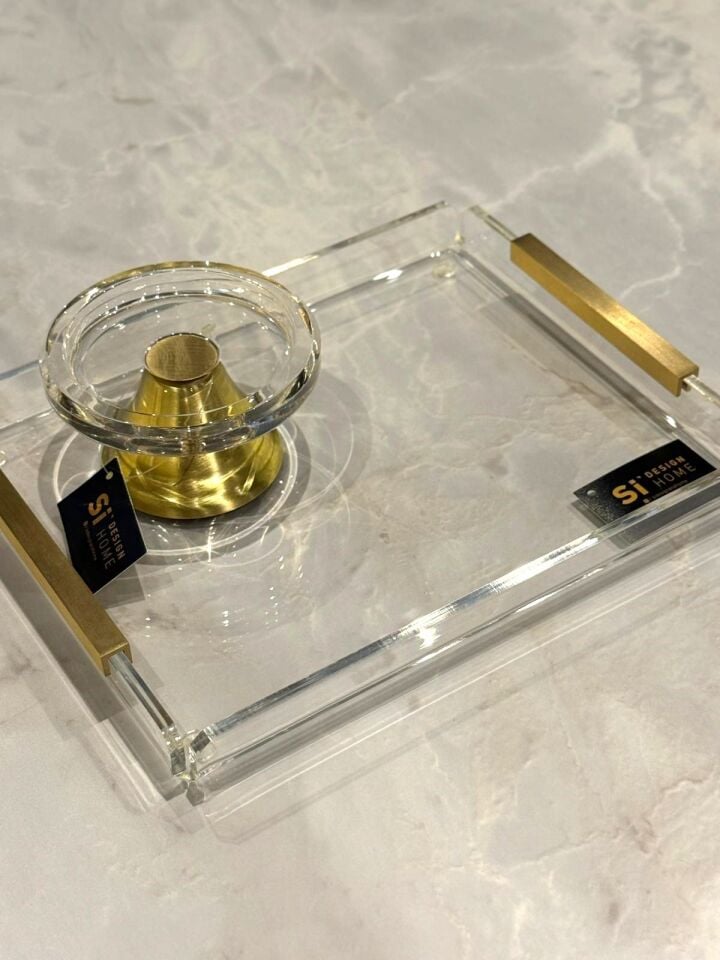 Pirinç Kulplu Pleksi Detay Tepsi U Kulp Gold - 23x18cm