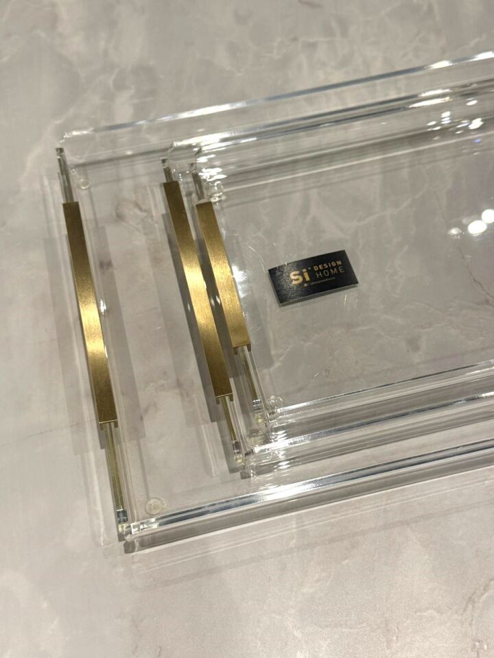 Pirinç Kulplu Pleksi Detay Tepsi U Kulp Gold - 26x21cm