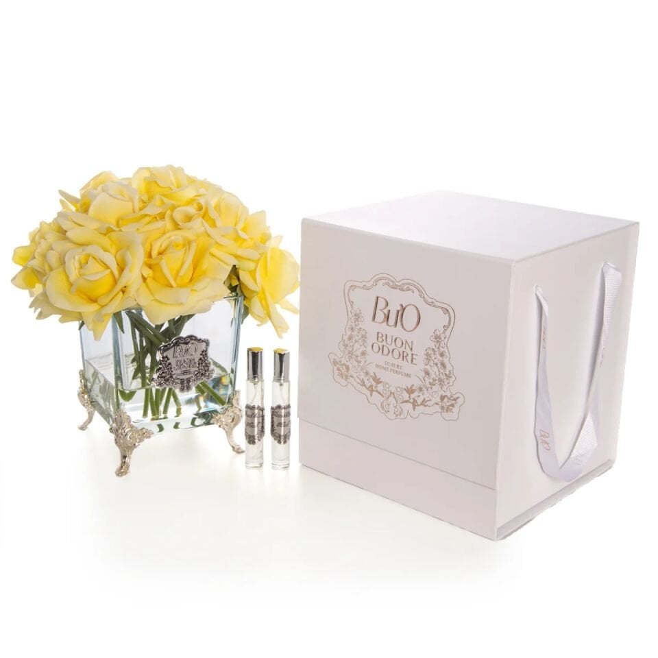 Pirinç Ayaklı Cam Silver Gül Luxury Home Perfume Sarı