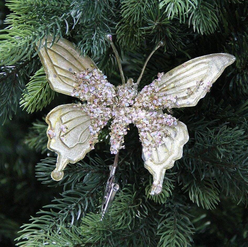 Yılbaşı Süsü Klipsli Kelebek 15 cm Gold