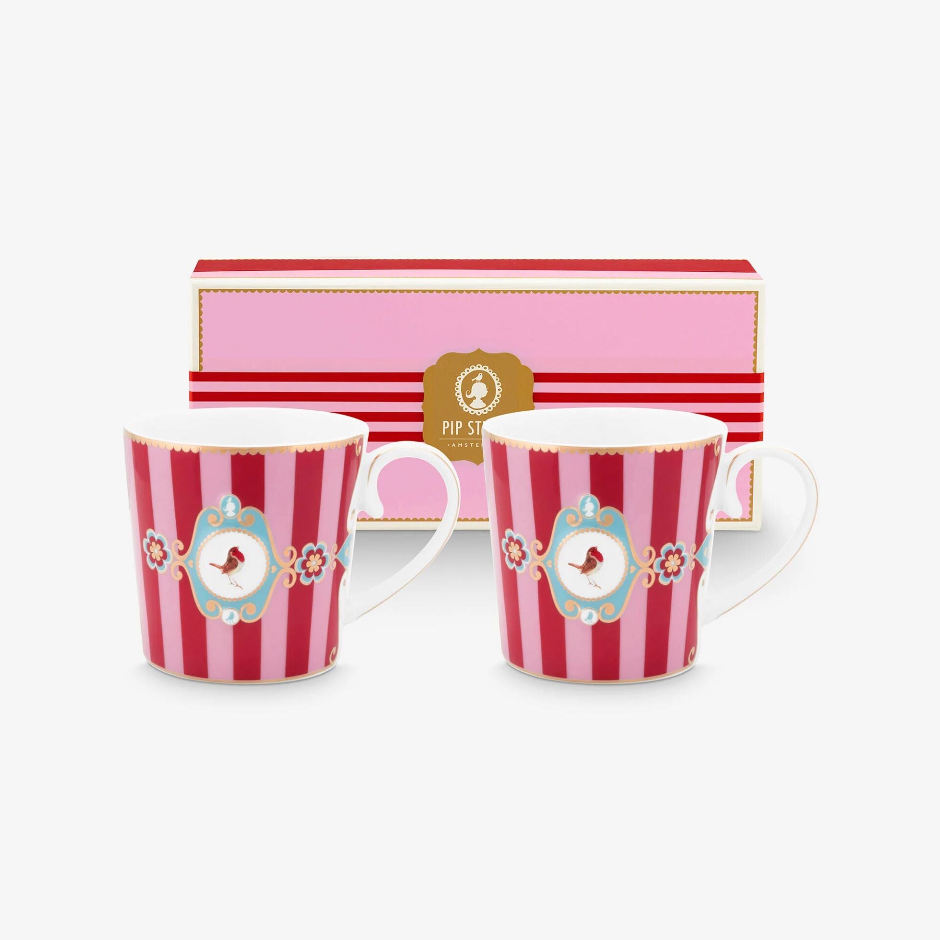 Love Birds İkili Mug Seti 150ml - Kırmızı/Pembe Çizgili Kuşlu
