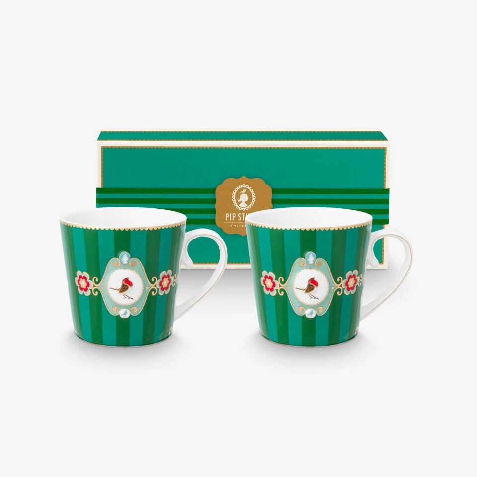 Love Birds İkili Mug Seti 150ml - Yeşil Çizgili Kuşlu
