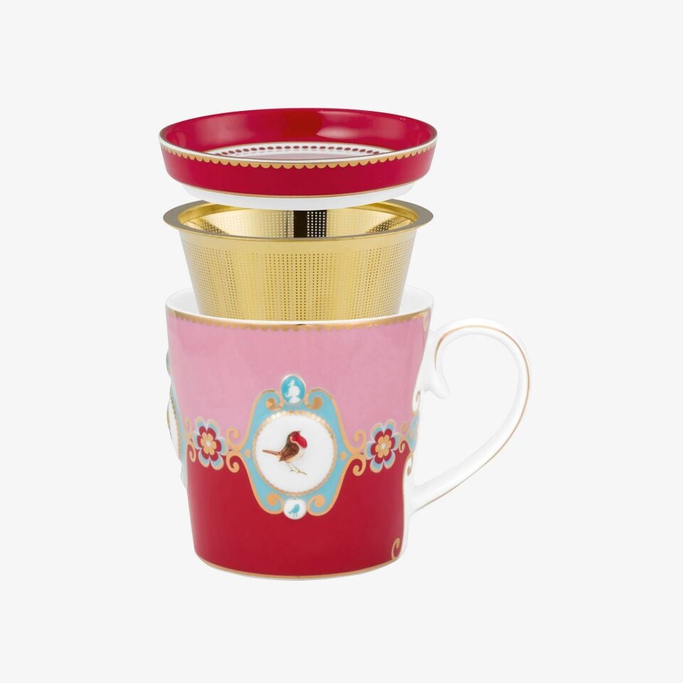 Love Birds Tek Kişilik Çay Seti 250ml - Kırmızı/Pembe