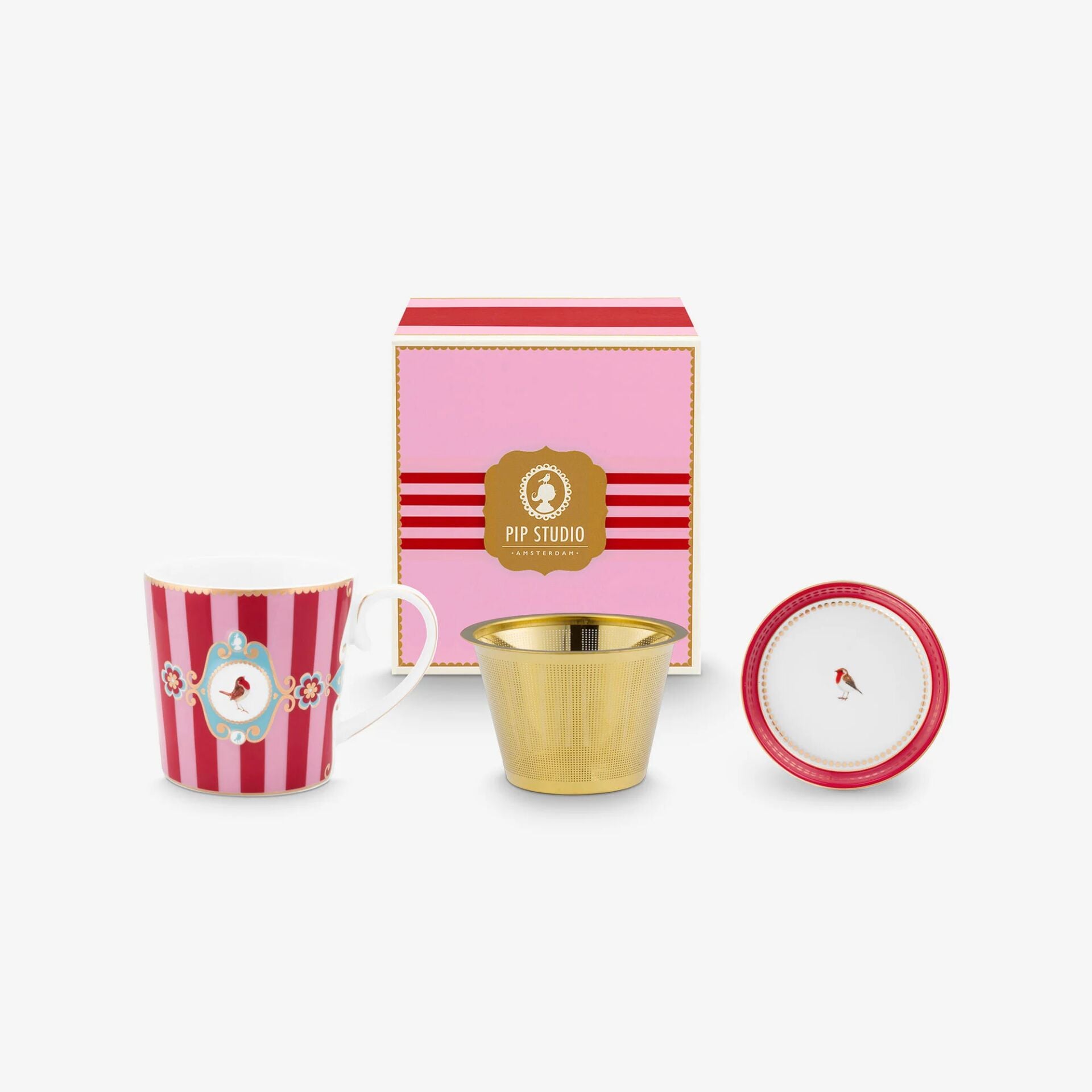 Love Birds Tek Kişilik Çay Seti 250ml - Kırmızı/Pembe Çizgili Kuşlu