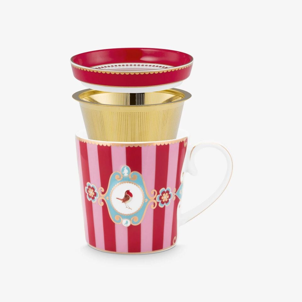 Love Birds Tek Kişilik Çay Seti 250ml - Kırmızı/Pembe Çizgili Kuşlu