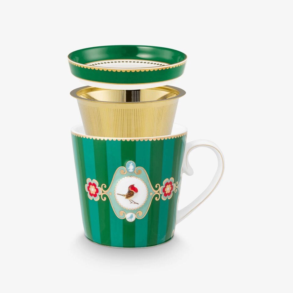 Love Birds Tek Kişilik Çay Seti 250ml - Yeşil Çizgili Kuşlu