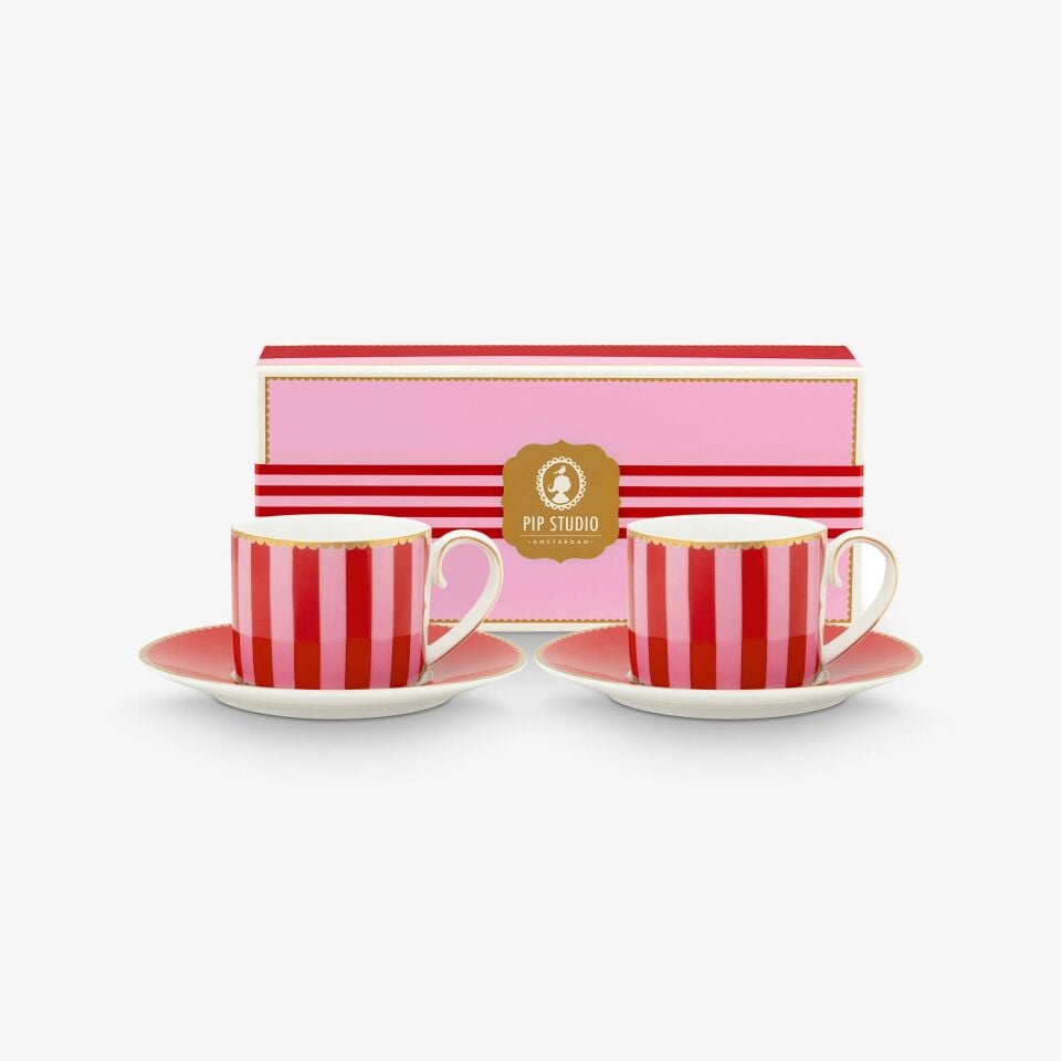 Love Birds İkili Kahve Fincanı Seti 100ml - Kırmızı/PembeÇizgili