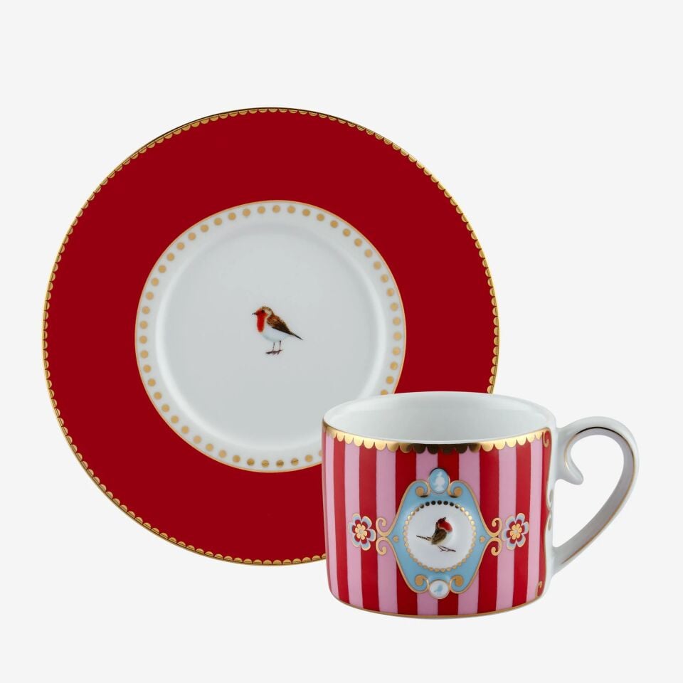 Love Birds Kahve Fincanı 125ml - Kırmızı/Pembe Çizgili Kuşlu