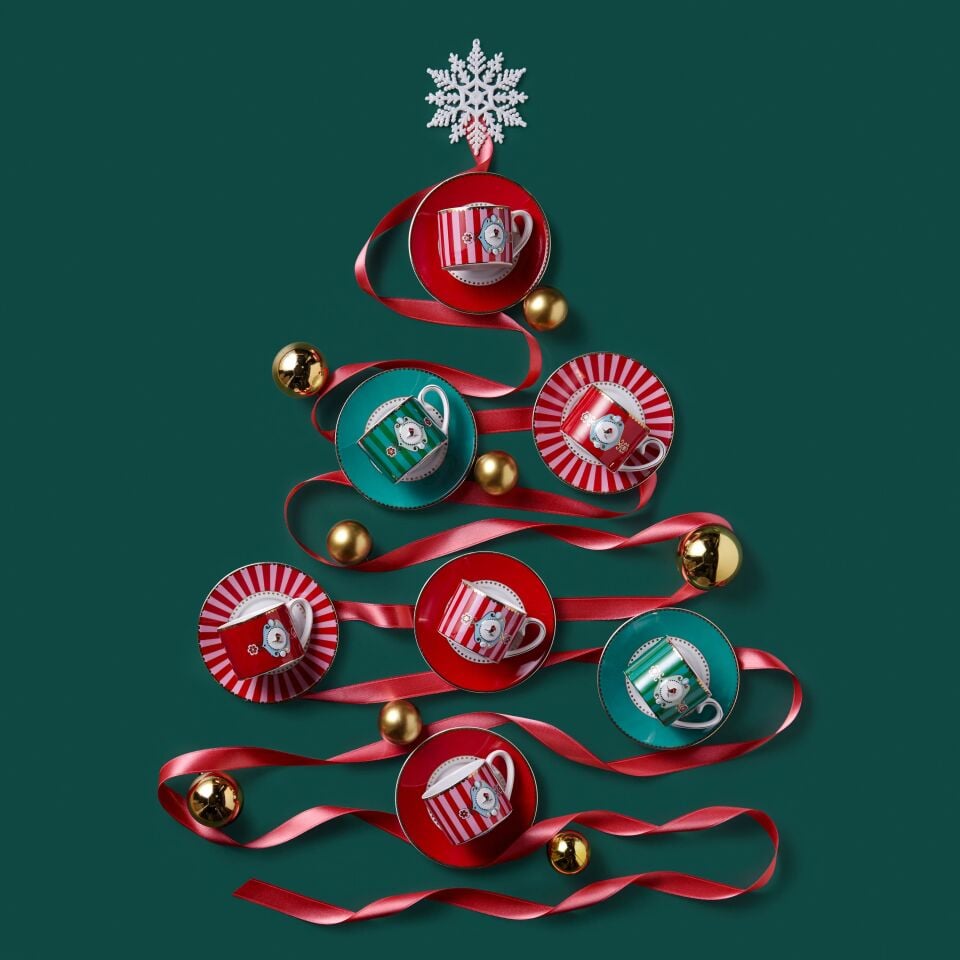 Love Birds Kahve Fincanı 125ml - Kırmızı/Pembe Çizgili Kuşlu