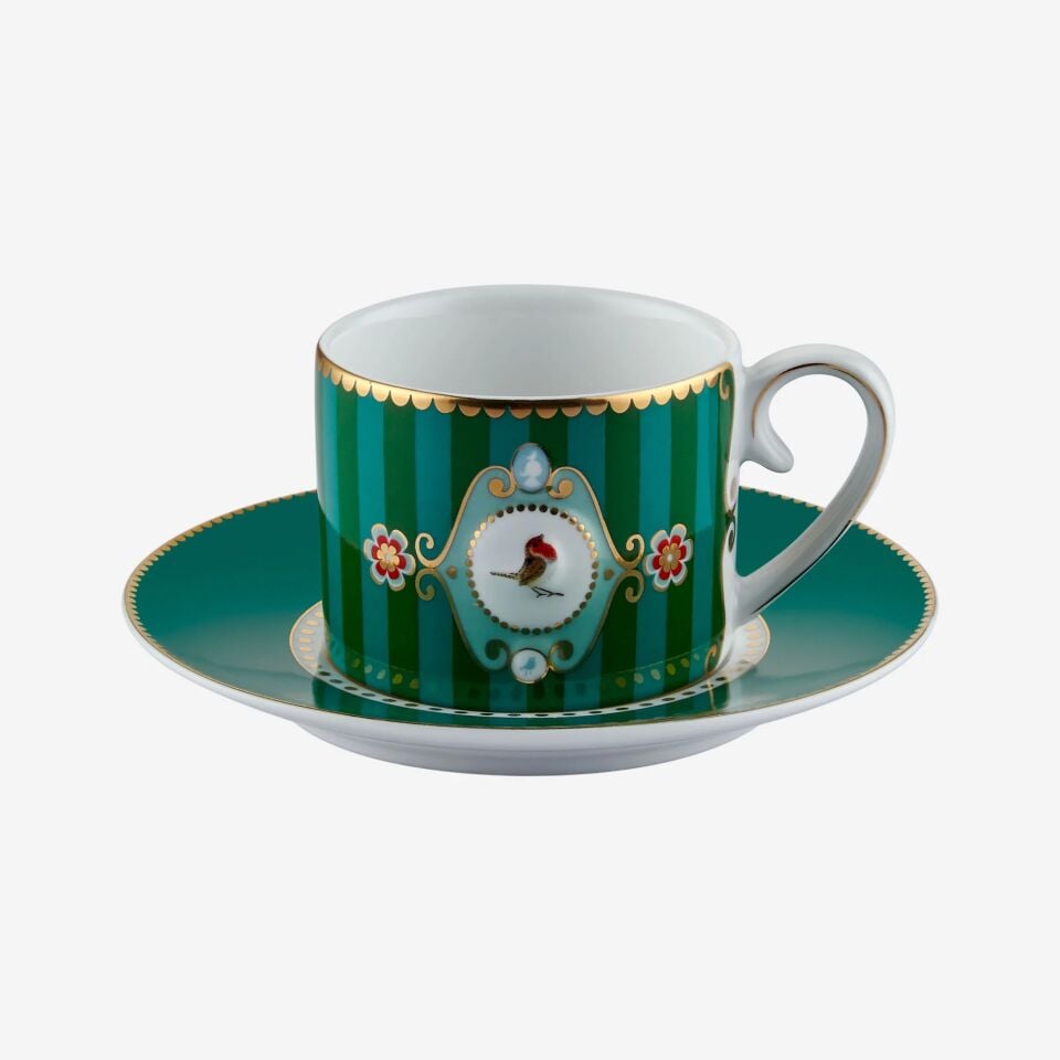 Love Birds Kahve Fincanı 125ml - Yeşil Çizgili Kuşlu