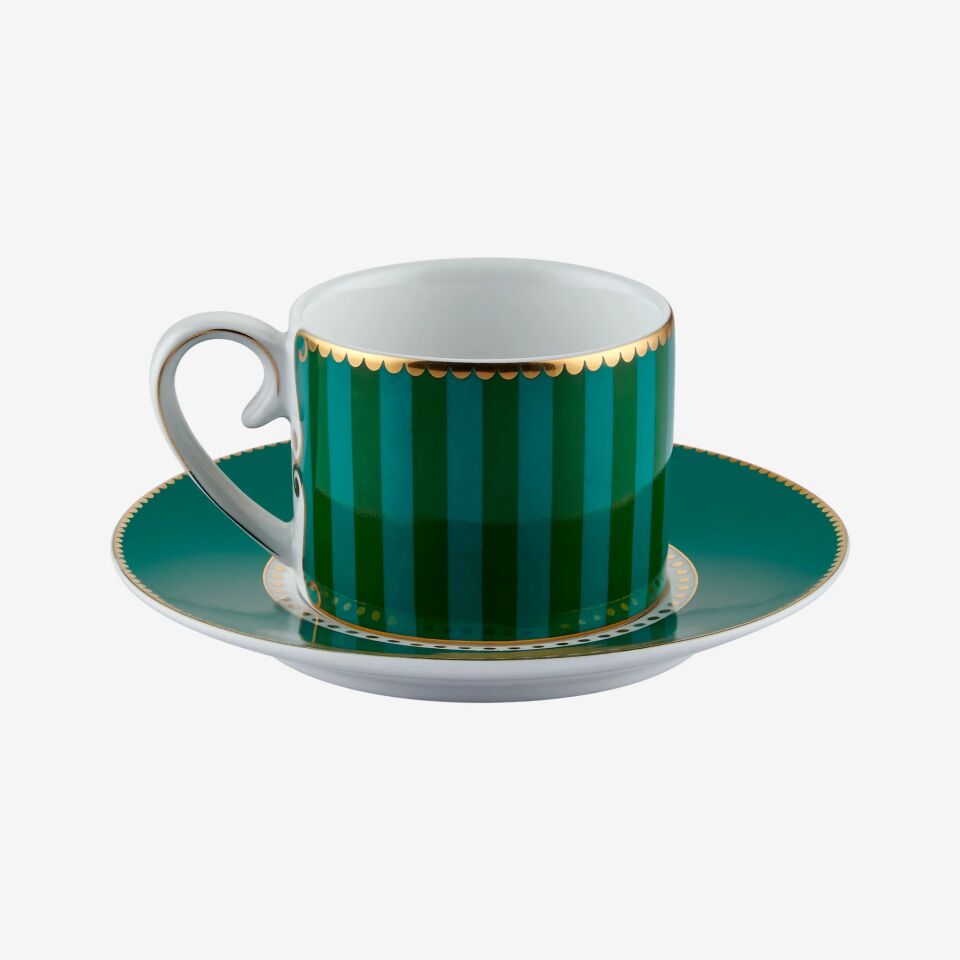 Love Birds Kahve Fincanı 125ml - Yeşil Çizgili Kuşlu