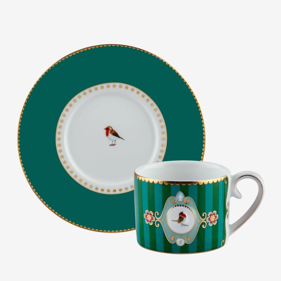 Love Birds Kahve Fincanı 125ml - Yeşil Çizgili Kuşlu