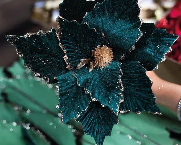 Yapay Kadife Simli Ponsetya Yeşil 20 cm